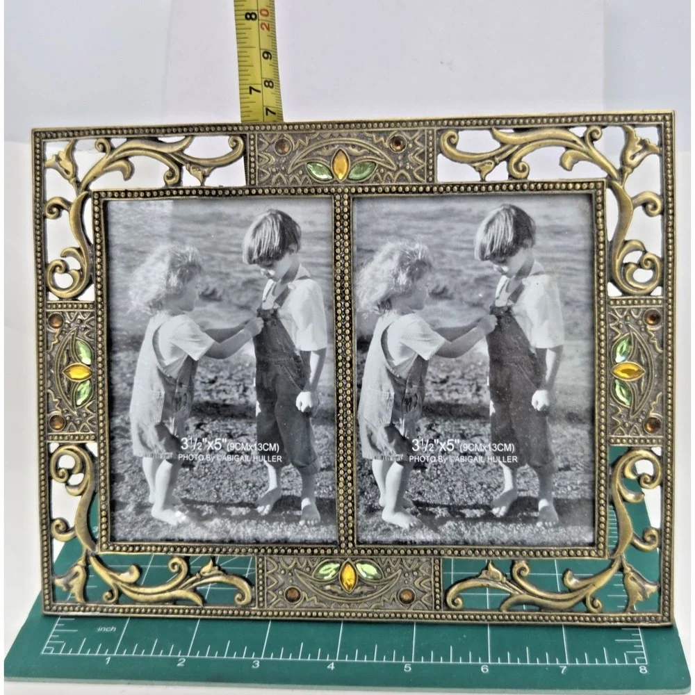 Gold Tone Metal Jeweled Double Picture Frame 3.5